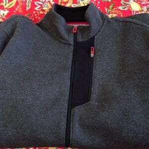 Men's Dark Gray IZOD Sweater with Red Accents, Full Zip, Ribbed Fabric
